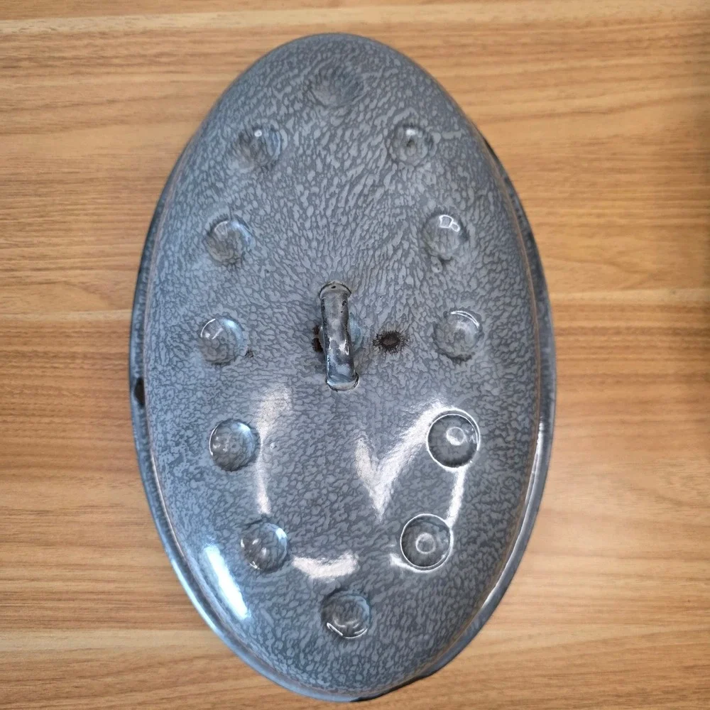 Vintage Gray Enamelware Graniteware Double Handled Roasting Pan Handled Lid